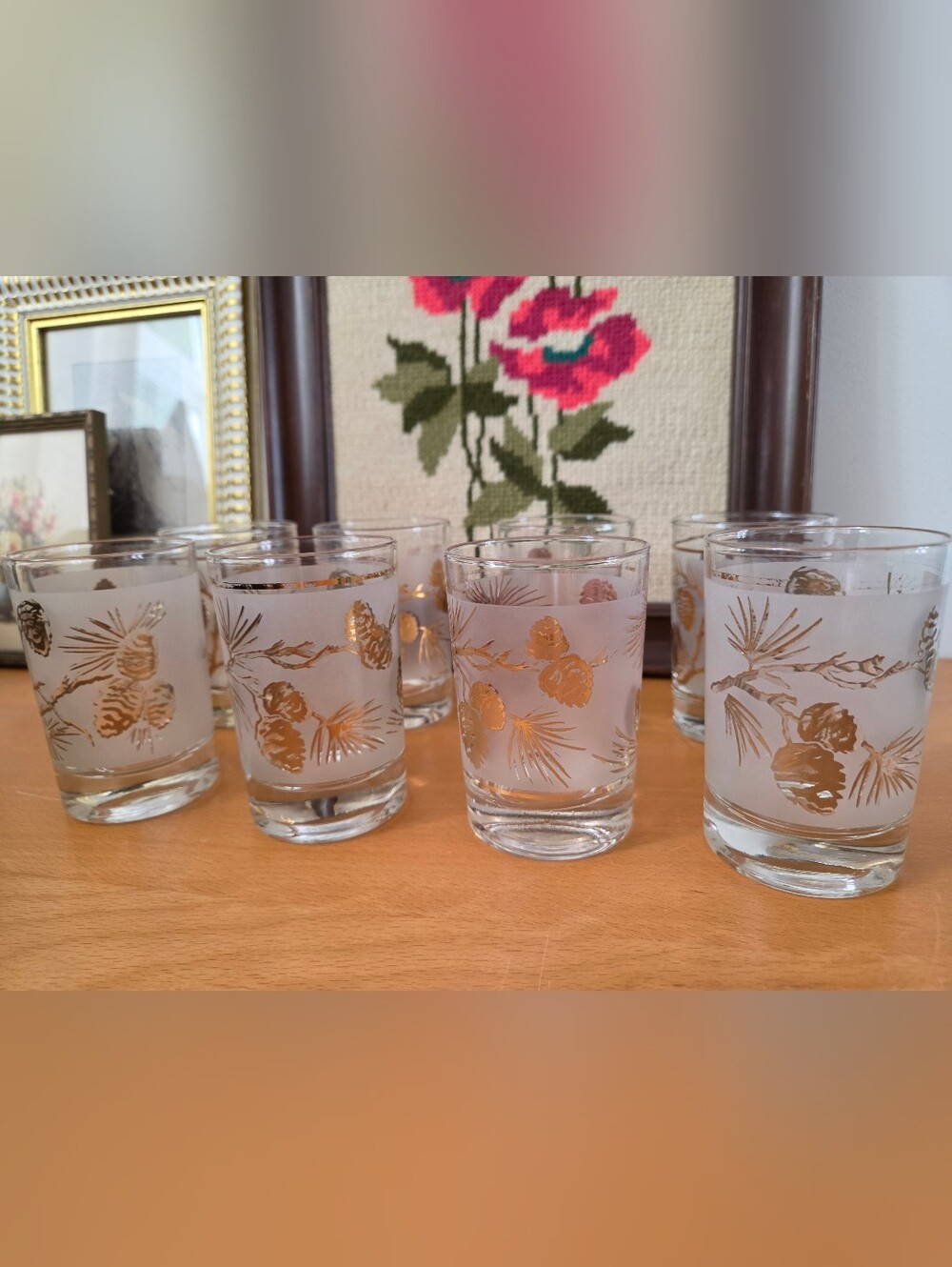 Vintage Dominion Glass Frosted Pine Cone & Fir Branch Glasses — Set of 8